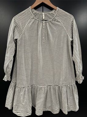 Rylee + Cru Grey and White Striped Long-Sleeve Ruffle Hem Dress